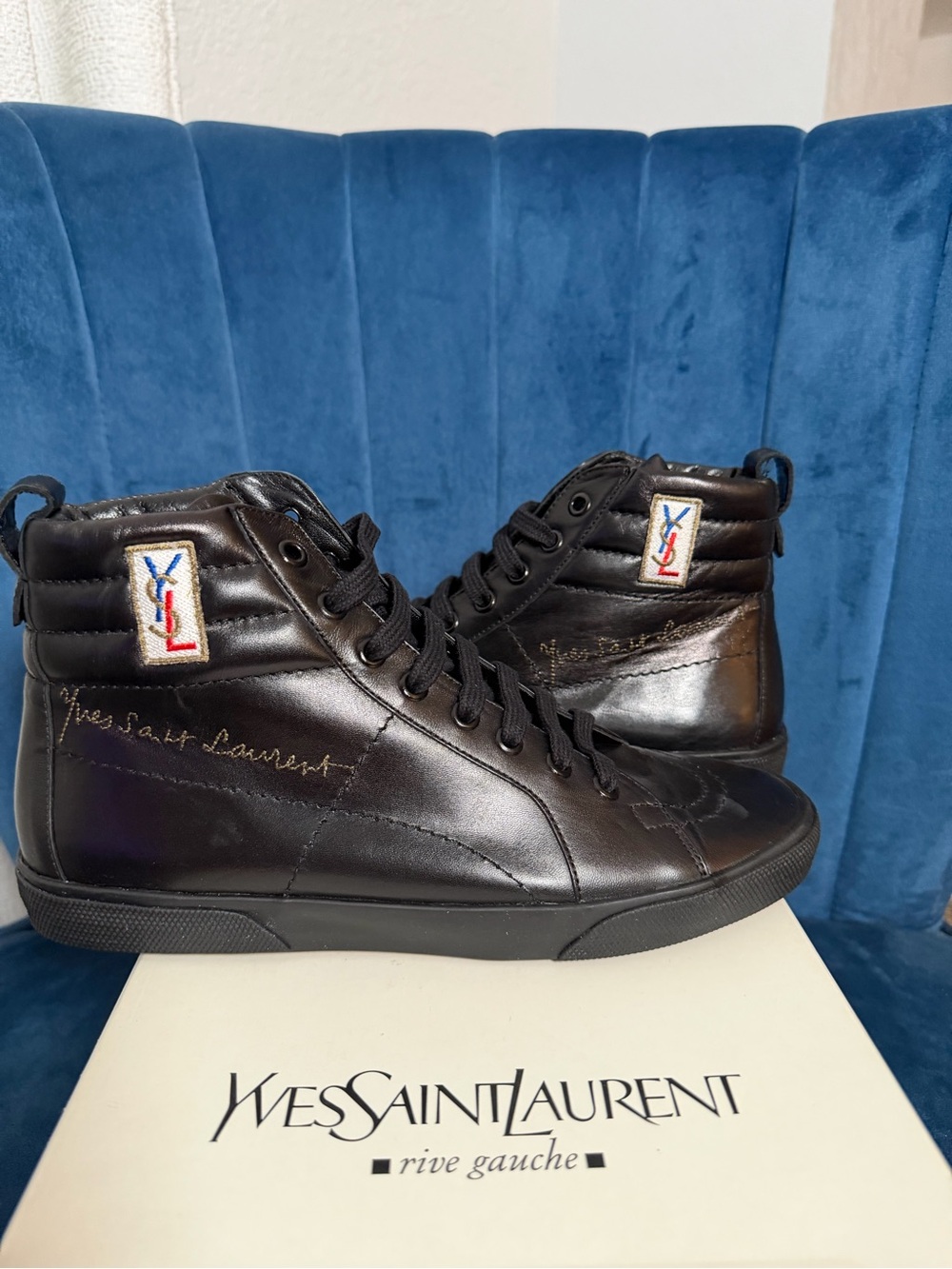 Yves Saint Laurent Black Leather High-Top Sneakers with Tricolor Logo Patch